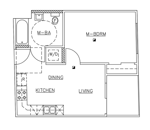 A floor plan of a living space with a kitchen, dining area, and a living room.